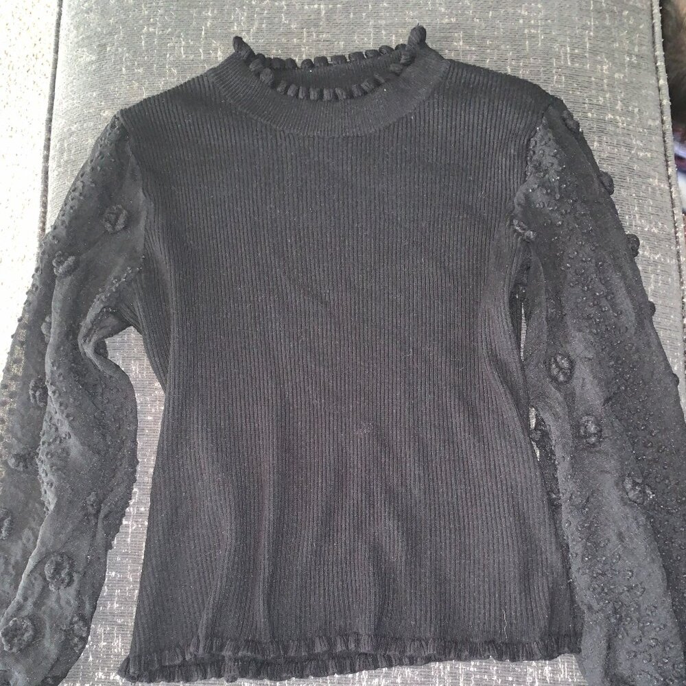 Almost Famous Black Ribbed Top with Sheer Lace Sleeves — Size XL fits like M/L